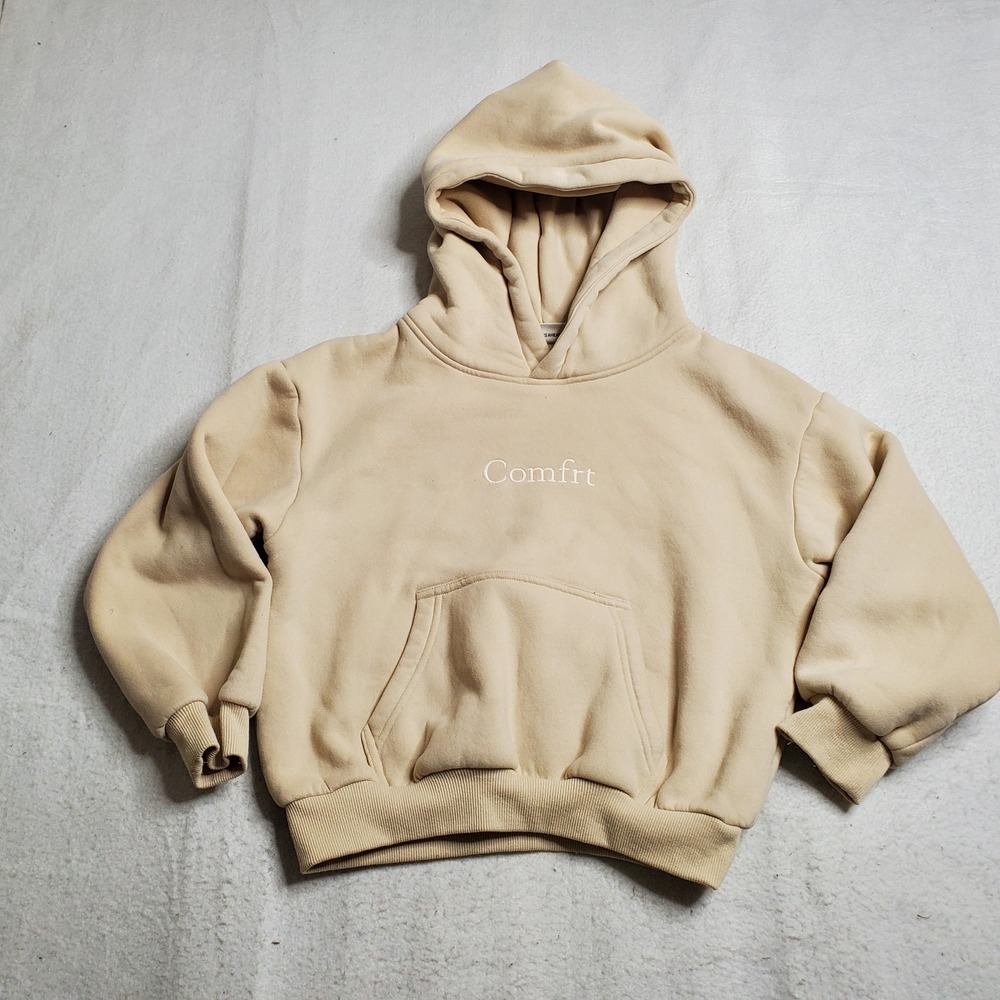 Comfrt Youth Hoodie Beige Embroidered Logo Fleece Pullover Size M